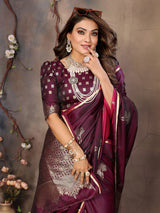 Dista Elora Satin Silk Floral Motifs Zari Weaving Banarasi Saree(Maroon, view 5