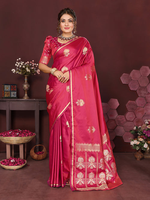 Dista Elora Satin Silk Floral Motifs Zari Weaving Banarasi Saree(Pink