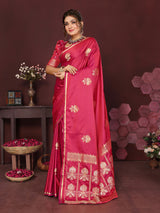 Dista Elora Satin Silk Floral Motifs Zari Weaving Banarasi Saree(Pink, view 2
