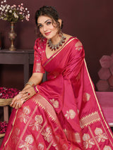 Dista Elora Satin Silk Floral Motifs Zari Weaving Banarasi Saree(Pink, view 3
