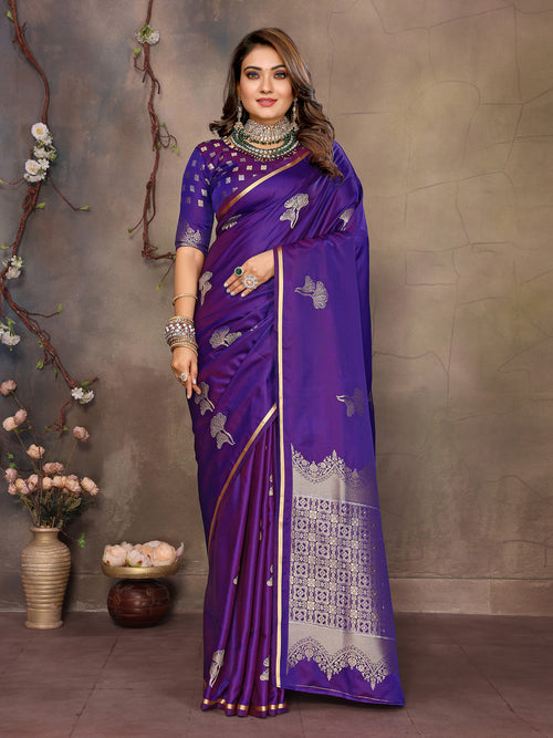 Dista Elora Satin Silk Floral Motifs Zari Weaving Banarasi Saree(Purple