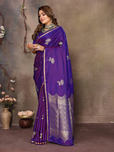 Dista Elora Satin Silk Floral Motifs Zari Weaving Banarasi Saree(Purple, view 2
