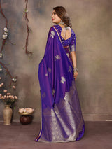 Dista Elora Satin Silk Floral Motifs Zari Weaving Banarasi Saree(Purple, view 3