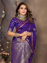 Dista Elora Satin Silk Floral Motifs Zari Weaving Banarasi Saree(Purple, view 4