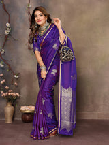 Dista Elora Satin Silk Floral Motifs Zari Weaving Banarasi Saree(Purple, view 5