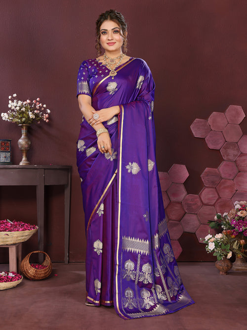 Dista Elora Satin Silk Floral Motifs Zari Weaving Banarasi Saree(Purple