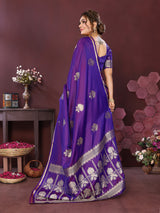 Dista Elora Satin Silk Floral Motifs Zari Weaving Banarasi Saree(Purple, view 2