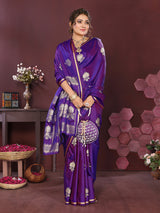 Dista Elora Satin Silk Floral Motifs Zari Weaving Banarasi Saree(Purple, view 3