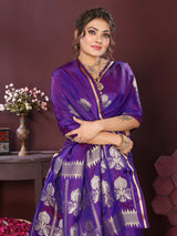 Dista Elora Satin Silk Floral Motifs Zari Weaving Banarasi Saree(Purple, view 4