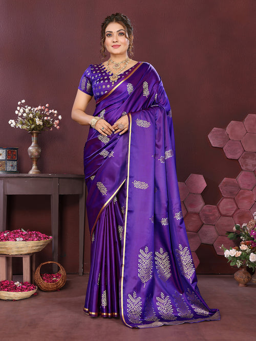 Dista Elora Satin Silk Floral Motifs Zari Weaving Banarasi Saree(Purple