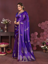 Dista Elora Satin Silk Floral Motifs Zari Weaving Banarasi Saree(Purple, view 2