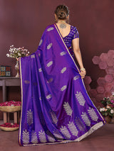 Dista Elora Satin Silk Floral Motifs Zari Weaving Banarasi Saree(Purple, view 3