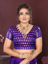 Dista Elora Satin Silk Floral Motifs Zari Weaving Banarasi Saree(Purple, view 4