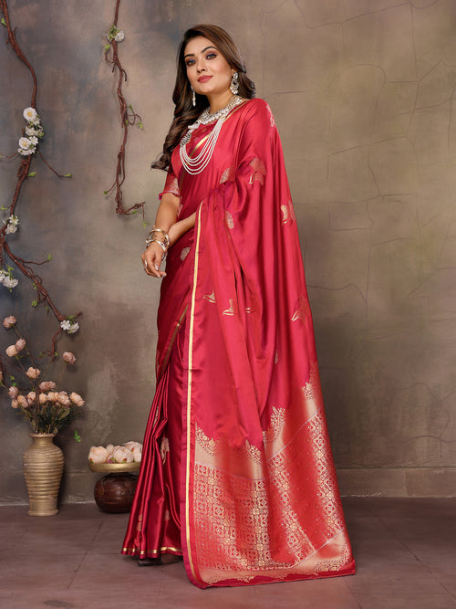 Dista Elora Satin Silk Floral Motifs Zari Weaving Banarasi Saree(Red