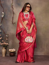 Dista Elora Satin Silk Floral Motifs Zari Weaving Banarasi Saree(Red, view 2