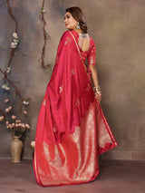 Dista Elora Satin Silk Floral Motifs Zari Weaving Banarasi Saree(Red, view 3