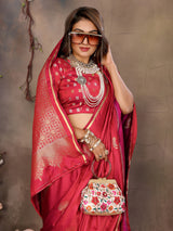 Dista Elora Satin Silk Floral Motifs Zari Weaving Banarasi Saree(Red, view 5