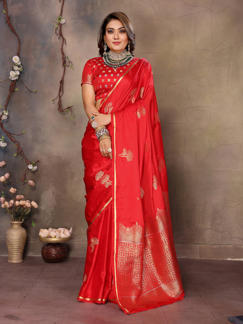 Dista Elora Satin Silk Floral Motifs Zari Weaving Banarasi Saree(Red
