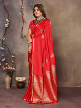 Dista Elora Satin Silk Floral Motifs Zari Weaving Banarasi Saree(Red, view 2