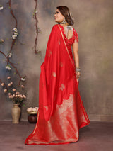 Dista Elora Satin Silk Floral Motifs Zari Weaving Banarasi Saree(Red, view 3