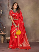 Dista Elora Satin Silk Floral Motifs Zari Weaving Banarasi Saree(Red, view 4