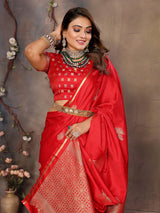 Dista Elora Satin Silk Floral Motifs Zari Weaving Banarasi Saree(Red, view 5
