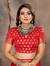 Dista Elora Satin Silk Floral Motifs Zari Weaving Banarasi Saree(Red, view 6