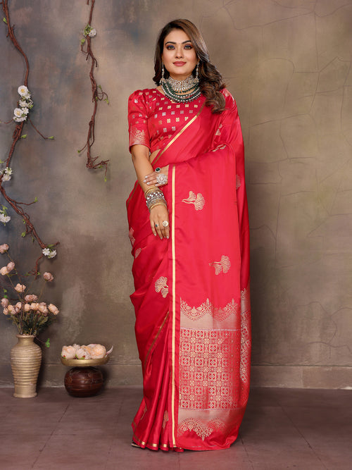 Dista Elora Satin Silk Floral Motifs Zari Weaving Banarasi Saree(Red
