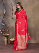 Dista Elora Satin Silk Floral Motifs Zari Weaving Banarasi Saree(Red, view 2