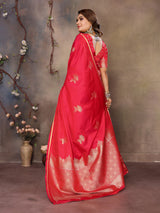 Dista Elora Satin Silk Floral Motifs Zari Weaving Banarasi Saree(Red, view 3