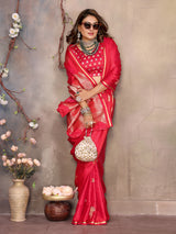Dista Elora Satin Silk Floral Motifs Zari Weaving Banarasi Saree(Red, view 4