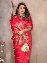Dista Elora Satin Silk Floral Motifs Zari Weaving Banarasi Saree(Red, view 5