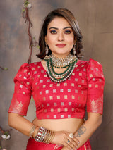Dista Elora Satin Silk Floral Motifs Zari Weaving Banarasi Saree(Red, view 6