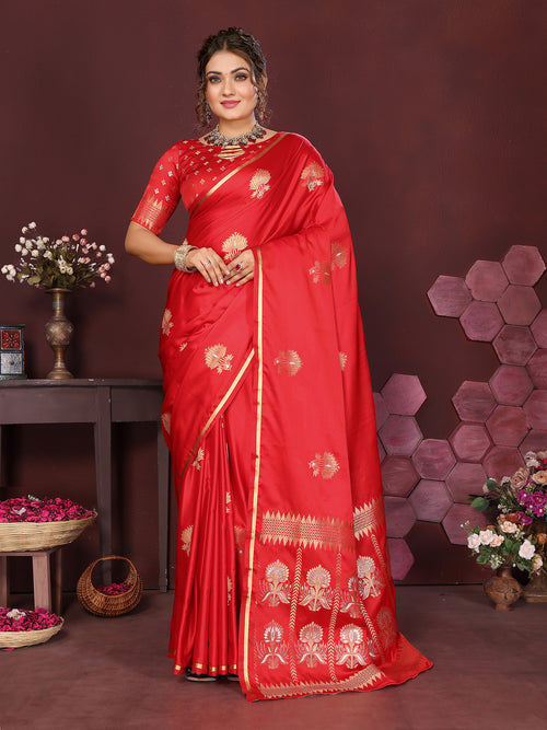 Dista Elora Satin Silk Floral Motifs Zari Weaving Banarasi Saree(Red