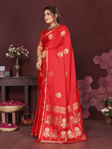 Dista Elora Satin Silk Floral Motifs Zari Weaving Banarasi Saree(Red, view 2