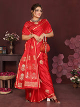 Dista Elora Satin Silk Floral Motifs Zari Weaving Banarasi Saree(Red, view 3