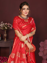 Dista Elora Satin Silk Floral Motifs Zari Weaving Banarasi Saree(Red, view 4