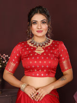 Dista Elora Satin Silk Floral Motifs Zari Weaving Banarasi Saree(Red, view 5