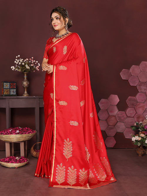 Dista Elora Satin Silk Floral Motifs Zari Weaving Banarasi Saree(Red