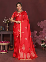 Dista Elora Satin Silk Floral Motifs Zari Weaving Banarasi Saree(Red, view 2