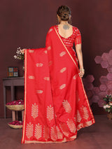 Dista Elora Satin Silk Floral Motifs Zari Weaving Banarasi Saree(Red, view 3