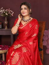 Dista Elora Satin Silk Floral Motifs Zari Weaving Banarasi Saree(Red, view 4