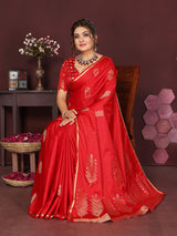 Dista Elora Satin Silk Floral Motifs Zari Weaving Banarasi Saree(Red, view 5