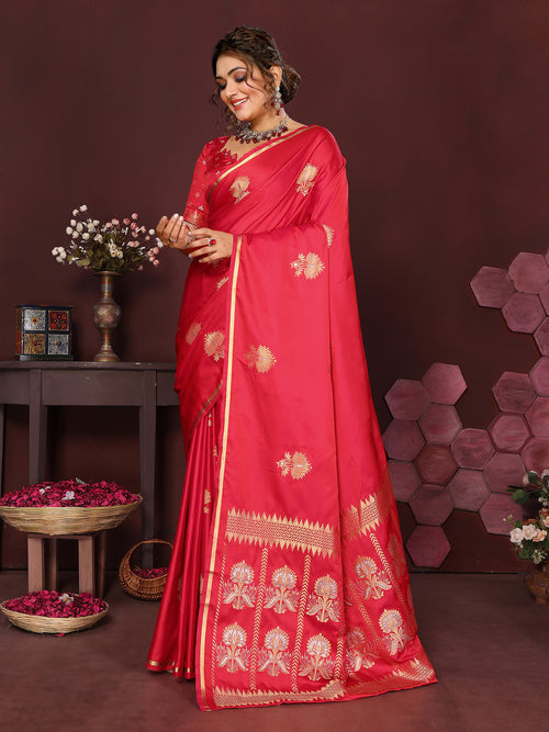 Dista Elora Satin Silk Floral Motifs Zari Weaving Banarasi Saree(Reddish-Pink