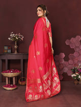 Dista Elora Satin Silk Floral Motifs Zari Weaving Banarasi Saree(Reddish-Pink, view 2