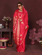 Dista Elora Satin Silk Floral Motifs Zari Weaving Banarasi Saree(Reddish-Pink, view 3