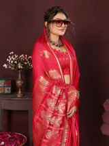 Dista Elora Satin Silk Floral Motifs Zari Weaving Banarasi Saree(Reddish-Pink, view 4