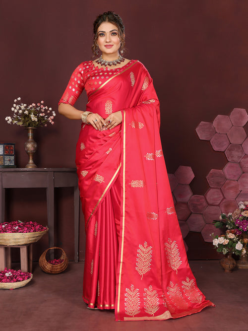 Dista Elora Satin Silk Floral Motifs Zari Weaving Banarasi Saree(Redise Pink