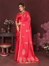 Dista Elora Satin Silk Floral Motifs Zari Weaving Banarasi Saree(Redise Pink, view 2
