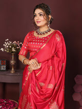 Dista Elora Satin Silk Floral Motifs Zari Weaving Banarasi Saree(Redise Pink, view 3